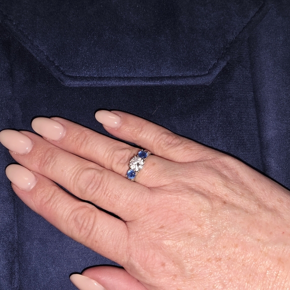 Like New Diamonelle And Diamonelle Sapphire Ring Sterling Silver Rhodium Plated - Picture 2 of 6